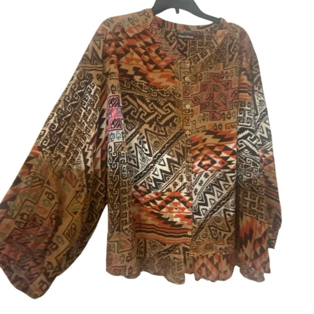 Tolani Collection Desert Boho Geometric Print Flowy Tunic Button Down Top 3X